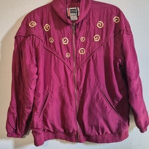 Vintage Elegant Fuchsia Bomber Jacket with Gold Swirl Details